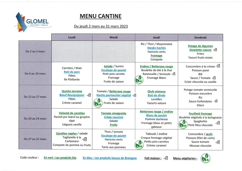 Menu cantine février 2023
