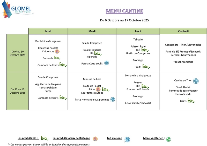 Menu octobre 2025