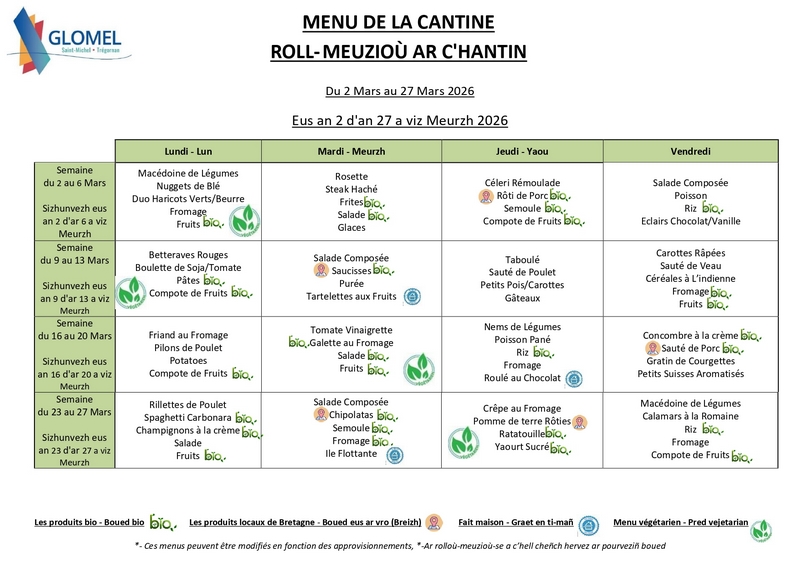 Menu mars 2026